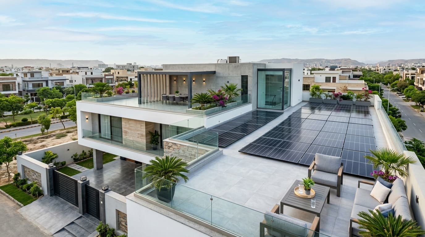 Sleek low-profile solar panel system on modern gated villa in Naya Nazimabad Karachi