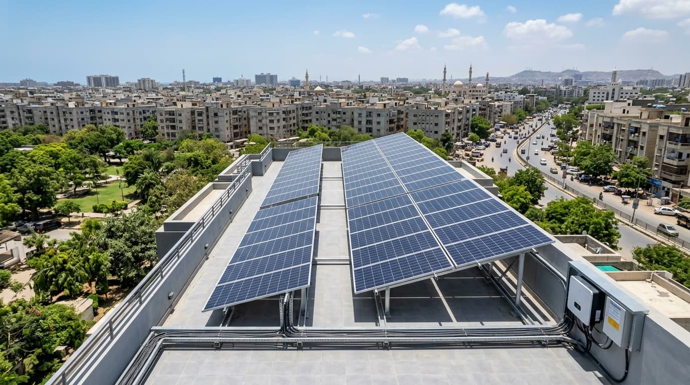 Rooftop solar panel installation on residential property in North Nazimabad Karachi