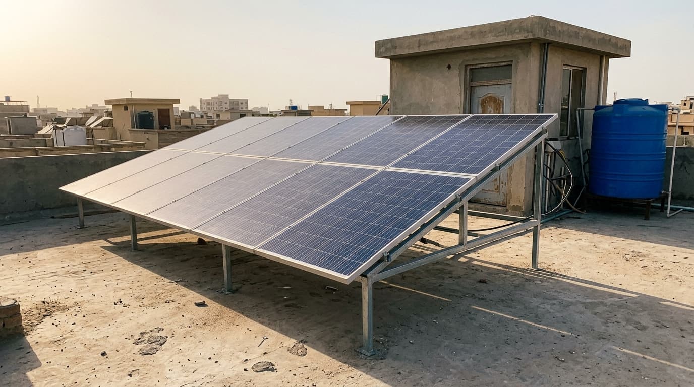 Authentic field photo of an 8kW-10kW solar panel installation on a 240 sq yd Karachi house roof