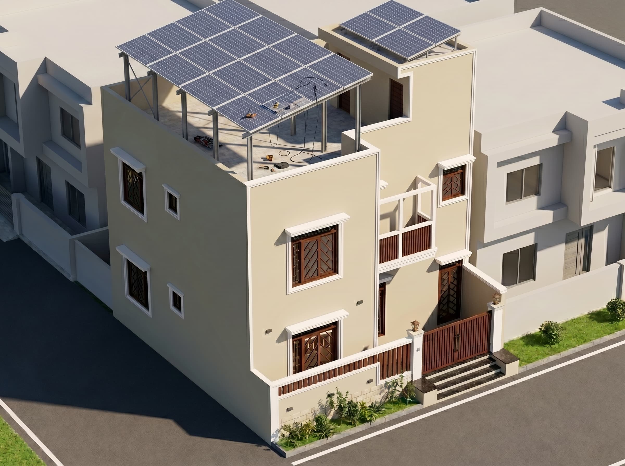 Illustrative isometric render of a Naya Nazimabad house with rooftop solar installation in progress.