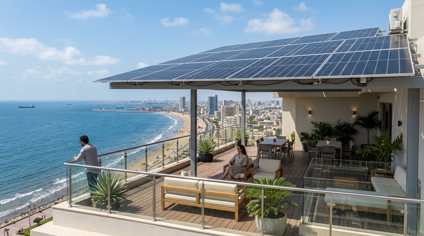 Marine-grade solar panel array on coastal rooftop terrace overlooking Clifton coastline in Karachi
