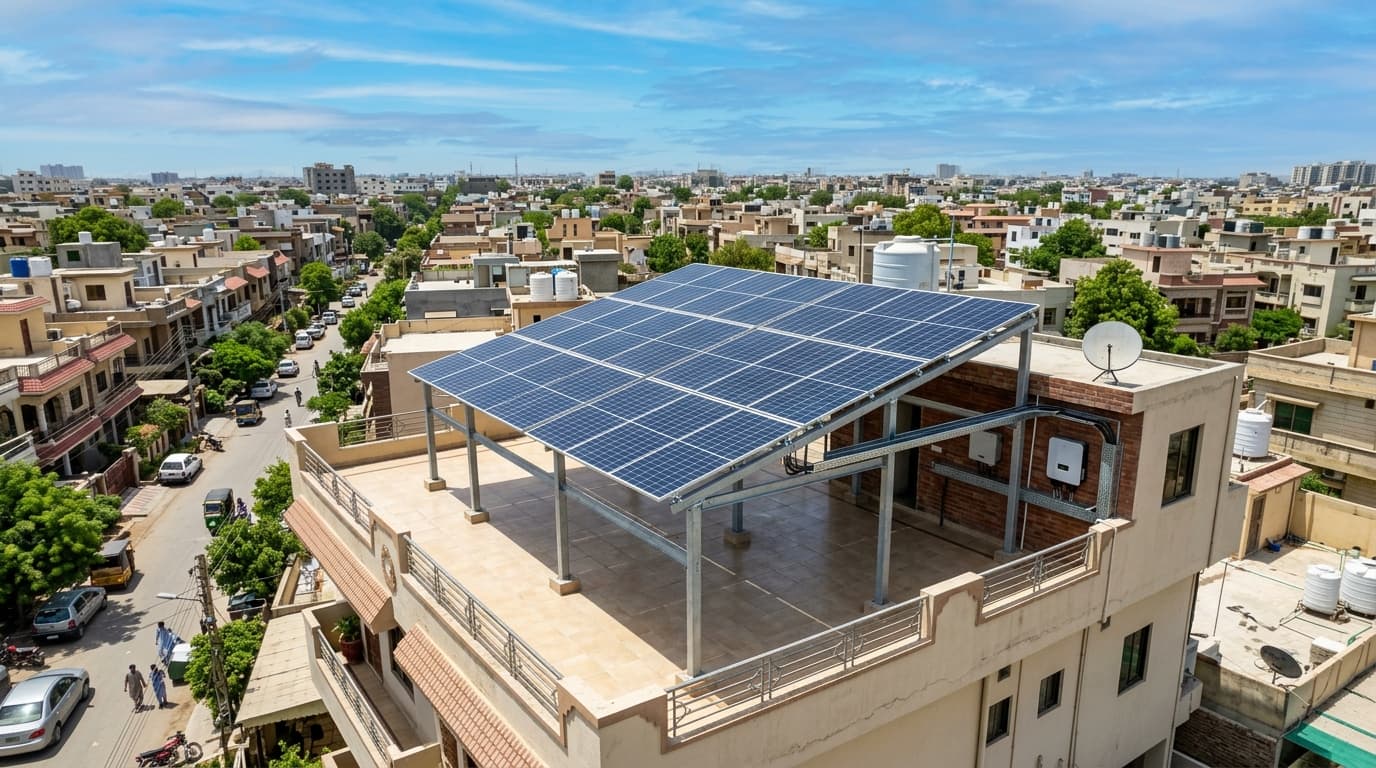 8kW Hybrid solar panel installation on residential bungalow roof in Karachi