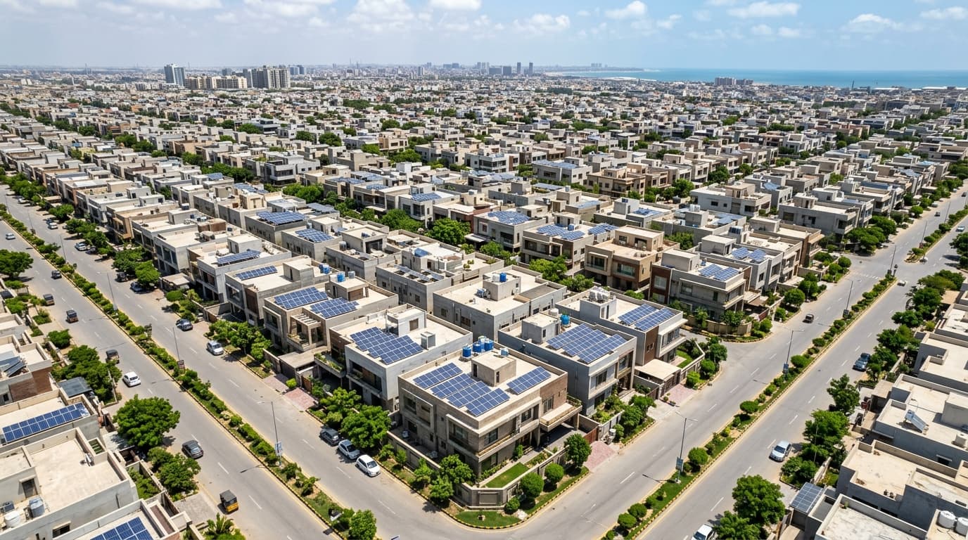 Aerial view of solar panels on residential rooftops across Karachi neighborhoods