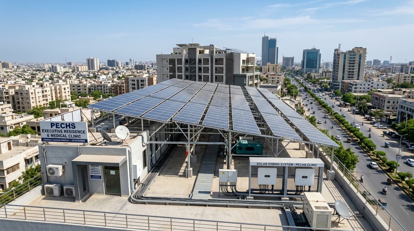 Commercial-grade rooftop solar panel array on executive residence and clinic building in PECHS Karachi