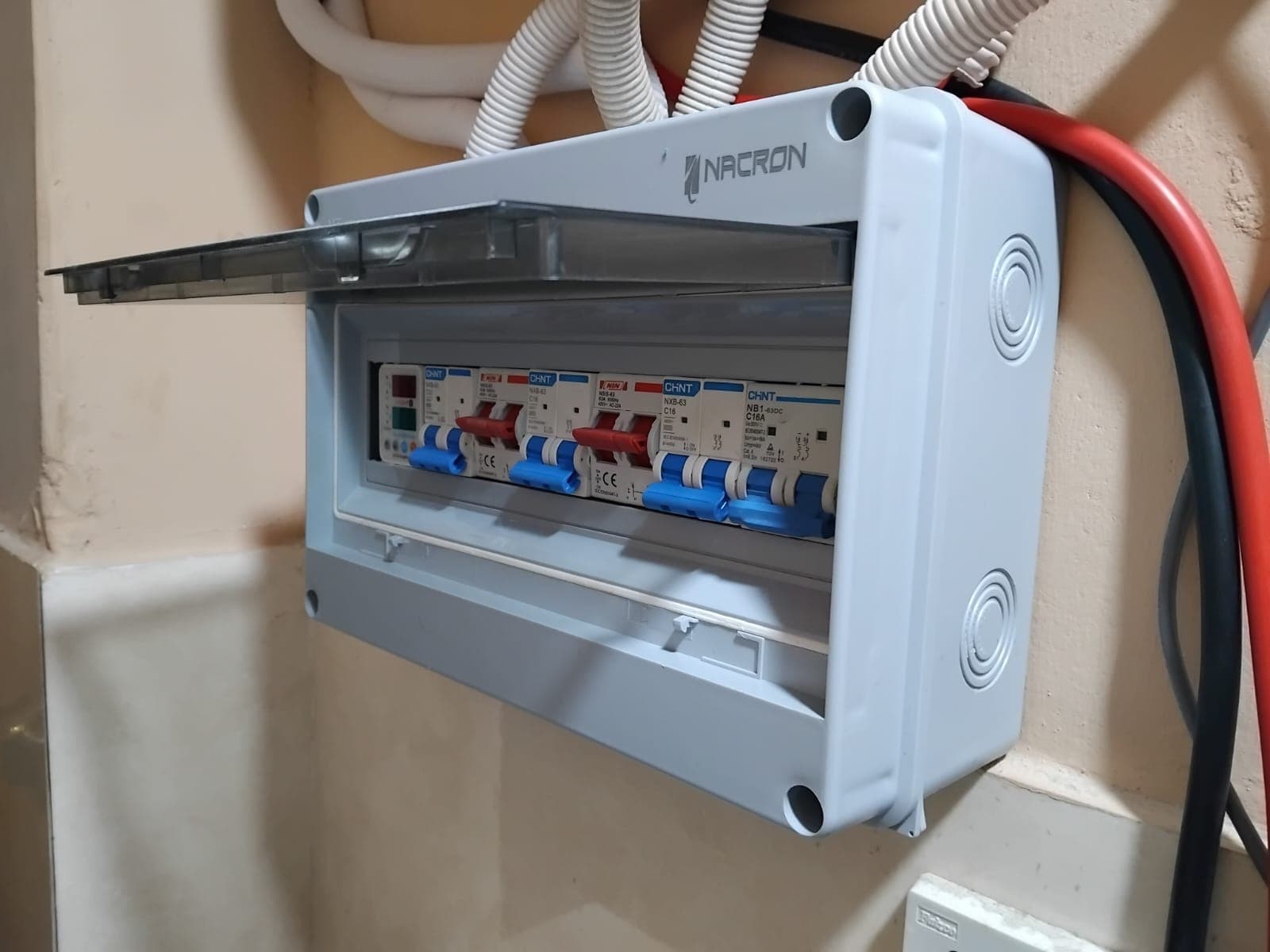 AC protection board and breakers installed during solar system commissioning.